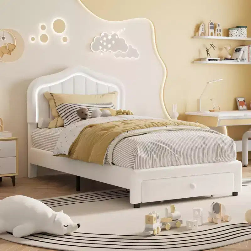 Pink/White Twin/Twin XL Upholstered Platform Bed Frame with Storage Drawer, for 1 Person