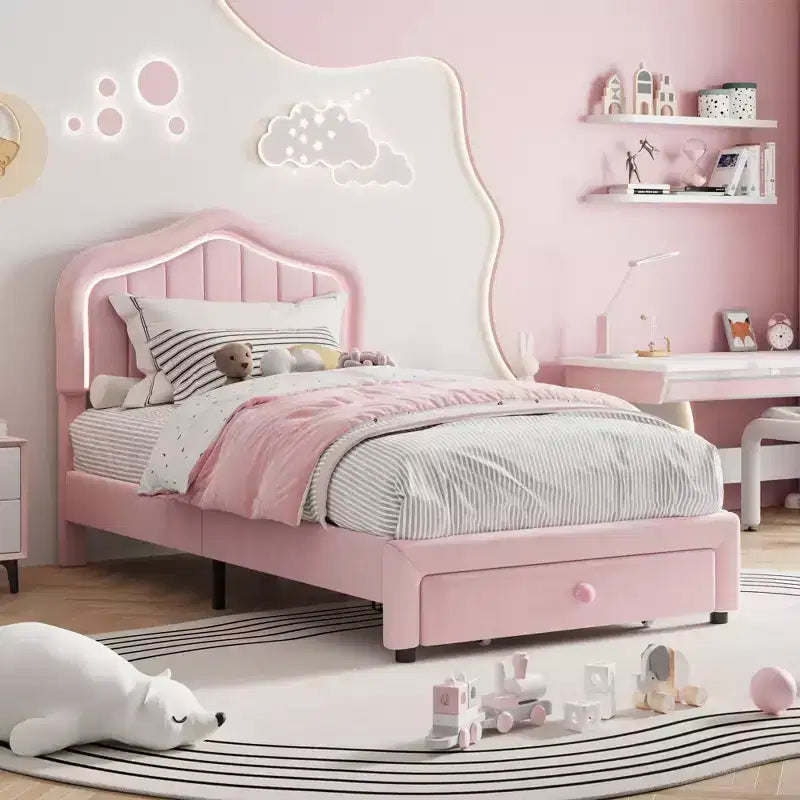 Pink/White Twin/Twin XL Upholstered Platform Bed Frame with Storage Drawer, for 1 Person