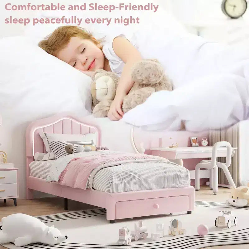 Pink/White Twin/Twin XL Upholstered Platform Bed Frame with Storage Drawer, for 1 Person