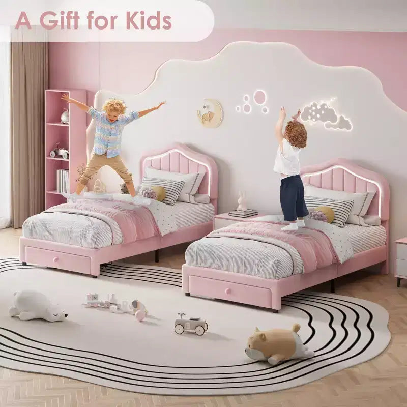 Pink/White Twin/Twin XL Upholstered Platform Bed Frame with Storage Drawer, for 1 Person