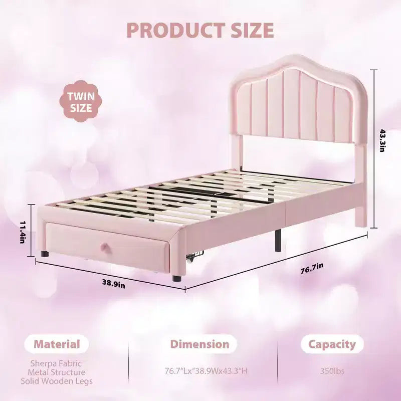 Pink/White Twin/Twin XL Upholstered Platform Bed Frame with Storage Drawer, for 1 Person