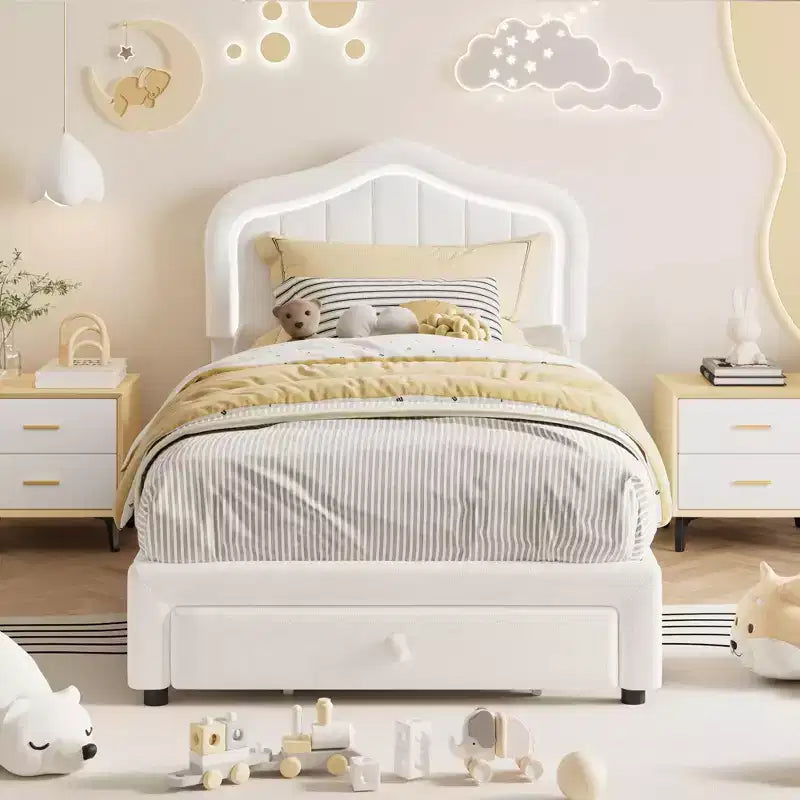 Pink/White Twin/Twin XL Upholstered Platform Bed Frame with Storage Drawer, for 1 Person