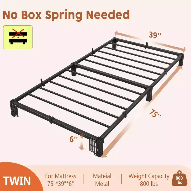 Black Metal Platform Bed Frame, No Headboard, Twin, for 1 Person
