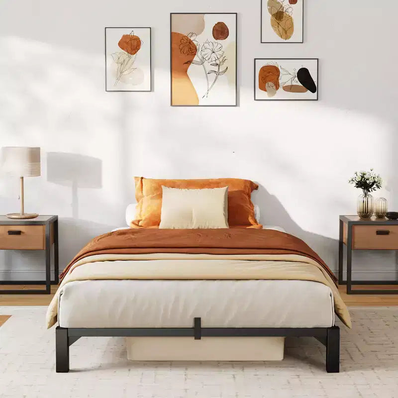 Black Metal Platform Bed Frame, No Headboard, Twin, for 1 Person
