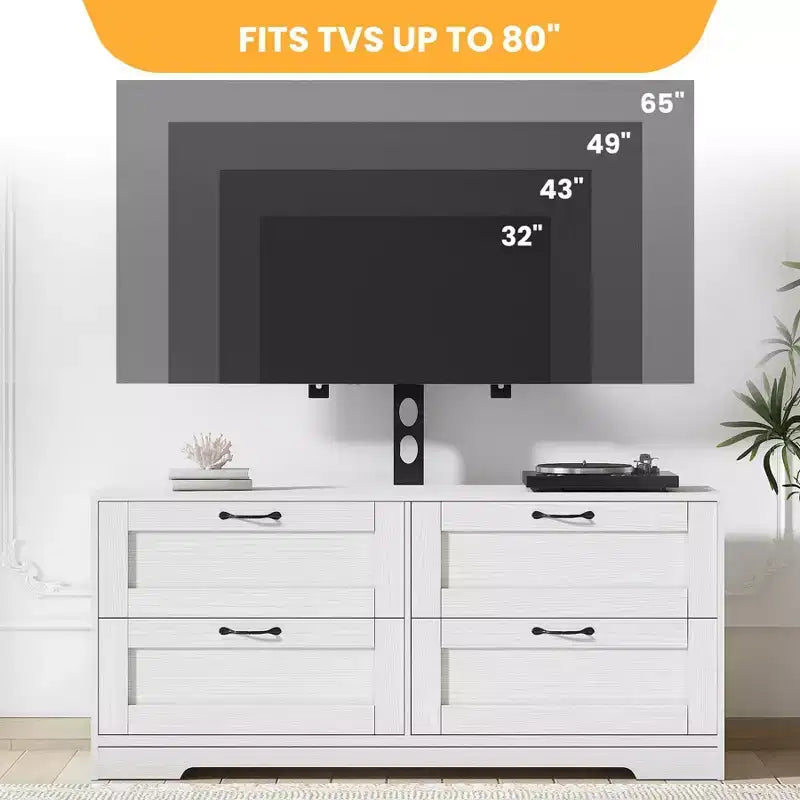 Black/White TV Stand with Mount & 4 Drawers, Wood Console for 1, Fits TVs Up to 80"