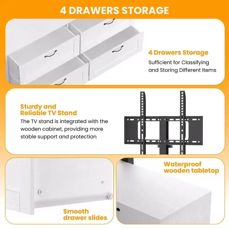 Black/White TV Stand with Mount & 4 Drawers, Wood Console for 1, Fits TVs Up to 80"