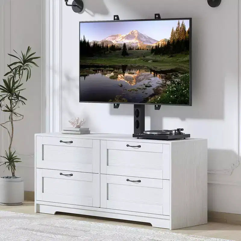 Black/White TV Stand with Mount & 4 Drawers, Wood Console for 1, Fits TVs Up to 80"