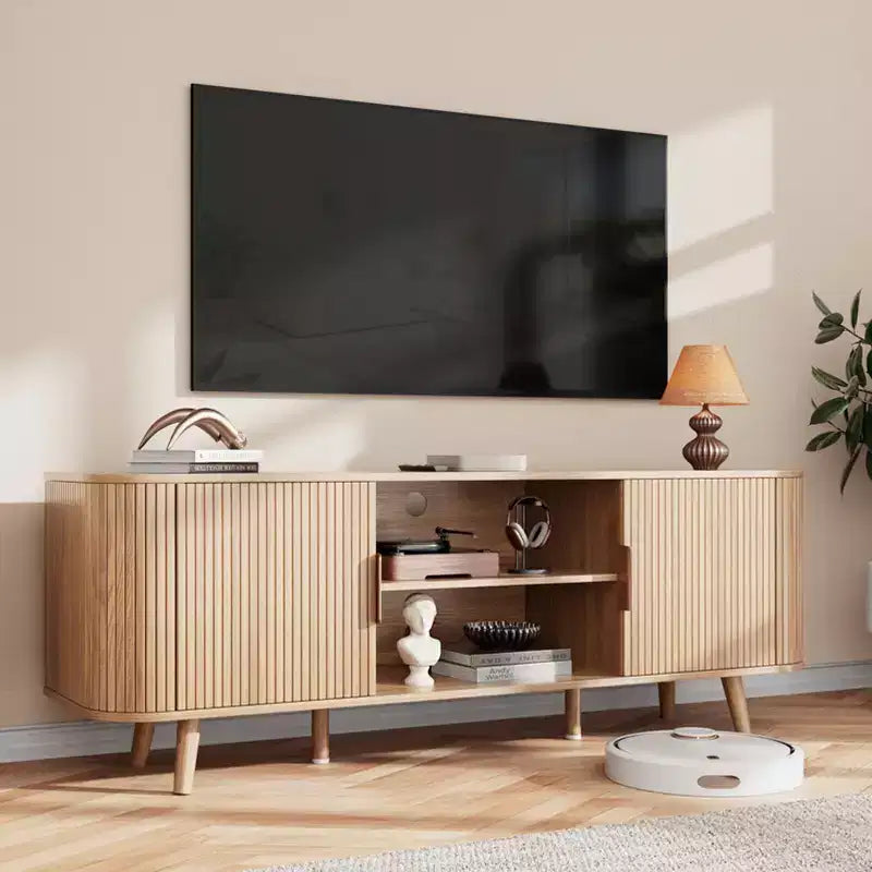 55 Inch Tambour Door TV Stand Oak Wood Media Cabinet for 65 Inch TV Arc Curved Edge Design Mid Century Modern Console with Open Shelves