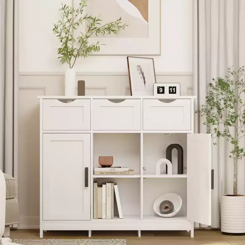 JVNOXK Floor-standing wooden storage cabinet with drawers and shelves, living room, bedroom, and bathroom furniture accent cabinet, white