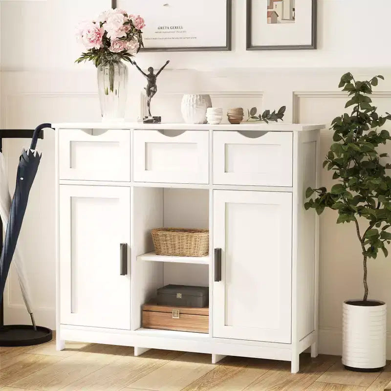 White Floor-Standing Storage Cabinet with Drawers & Shelves, 1-Person Assembly