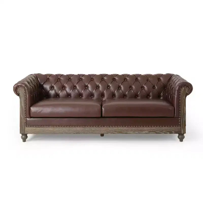 Retro 3-Seater PU Leather Sofa with Wooden Legs – Beige / Black / Dark Brown / Light Brown