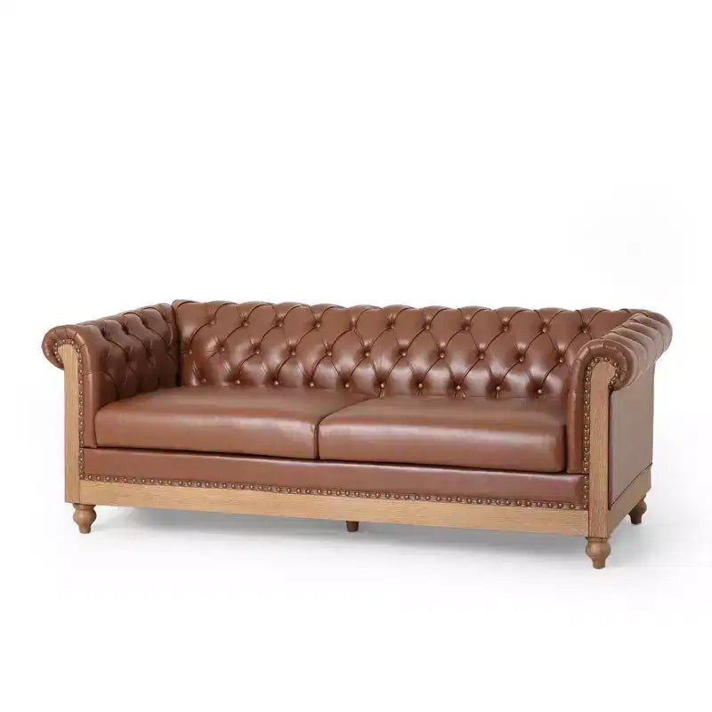 Retro 3-Seater PU Leather Sofa with Wooden Legs – Beige / Black / Dark Brown / Light Brown