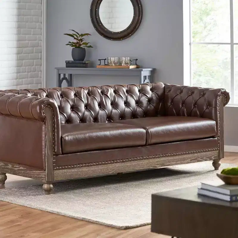 Retro 3-Seater PU Leather Sofa with Wooden Legs – Beige / Black / Dark Brown / Light Brown
