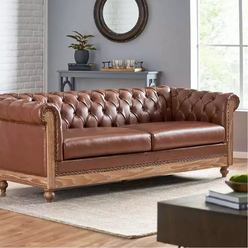Retro 3-Seater PU Leather Sofa with Wooden Legs – Beige / Black / Dark Brown / Light Brown
