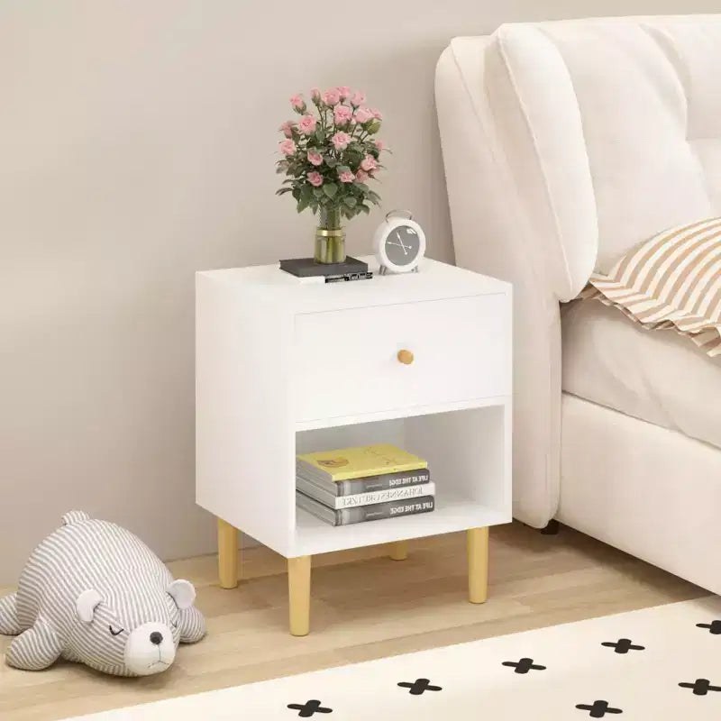 23.22 Wooden Nightstand with 1 Drawer and Open Shelf, MDF Bedside Table with Pine Legs and Wood Handle, White