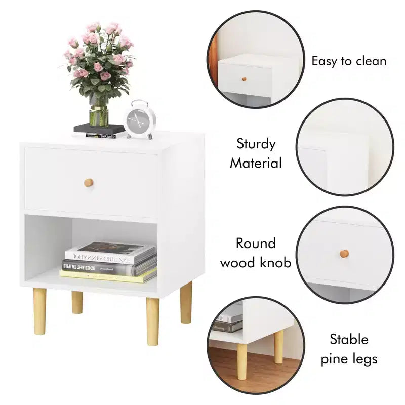 White 1-Drawer Nightstand with Open Shelf, Single-User Bedside Table