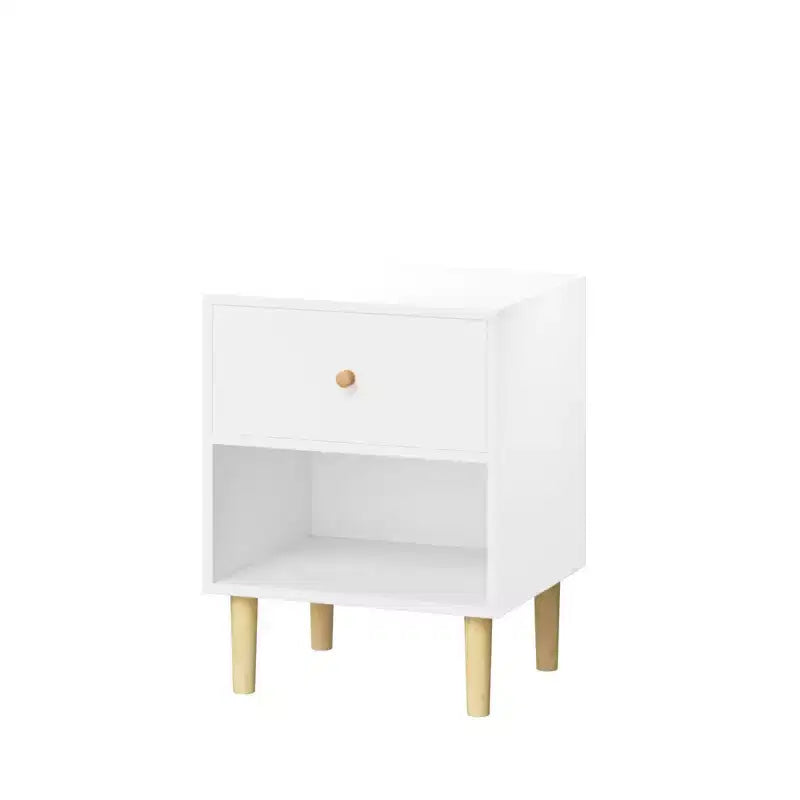 White 1-Drawer Nightstand with Open Shelf, Single-User Bedside Table