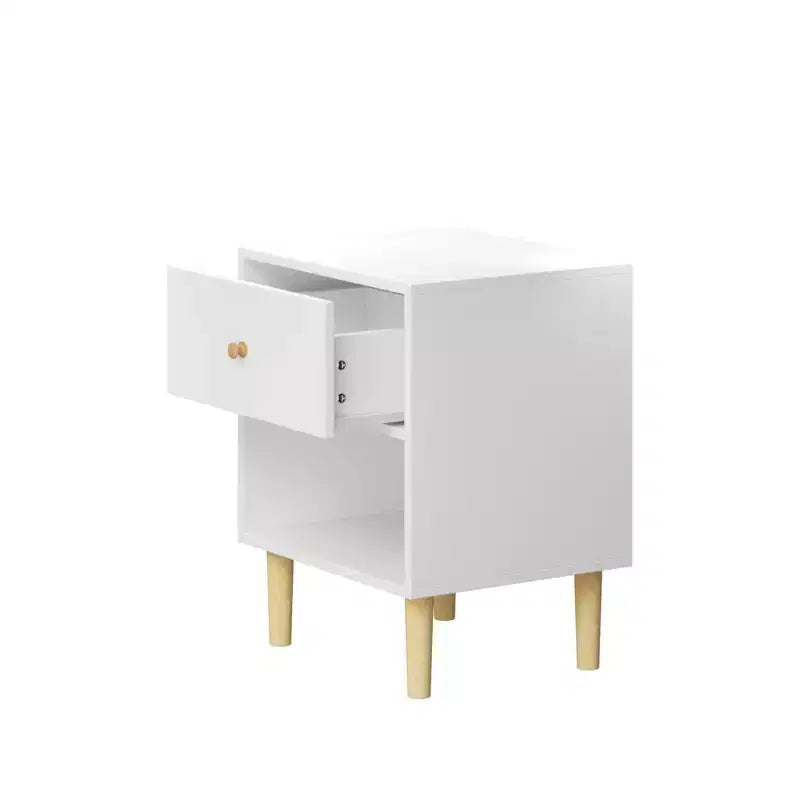 White 1-Drawer Nightstand with Open Shelf, Single-User Bedside Table