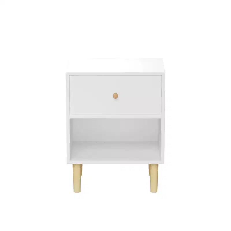 White 1-Drawer Nightstand with Open Shelf, Single-User Bedside Table