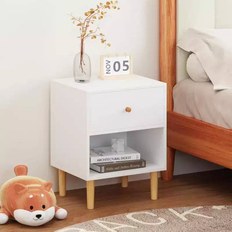 White 1-Drawer Nightstand with Open Shelf, Single-User Bedside Table