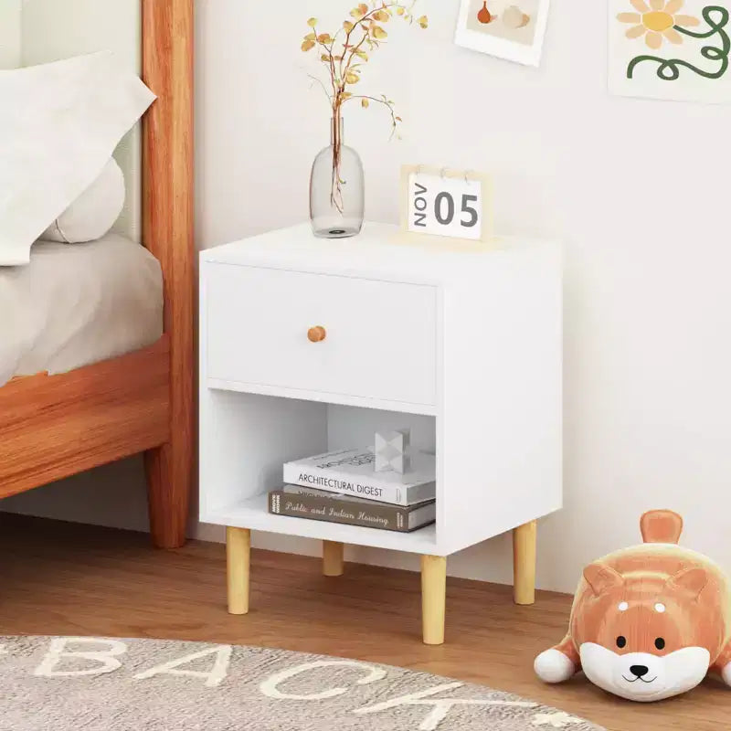 White 1-Drawer Nightstand with Open Shelf, Single-User Bedside Table