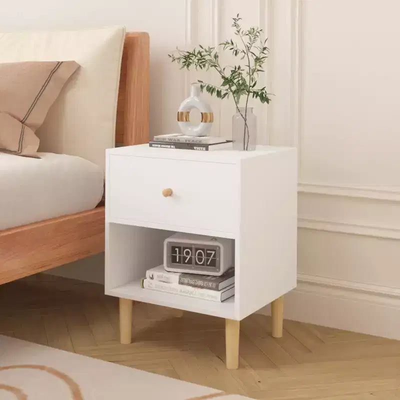 White 1-Drawer Nightstand with Open Shelf, Single-User Bedside Table