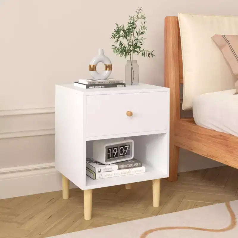 White 1-Drawer Nightstand with Open Shelf, Single-User Bedside Table