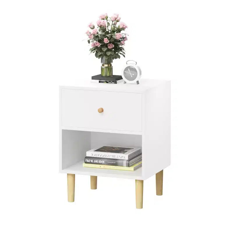 White 1-Drawer Nightstand with Open Shelf, Single-User Bedside Table