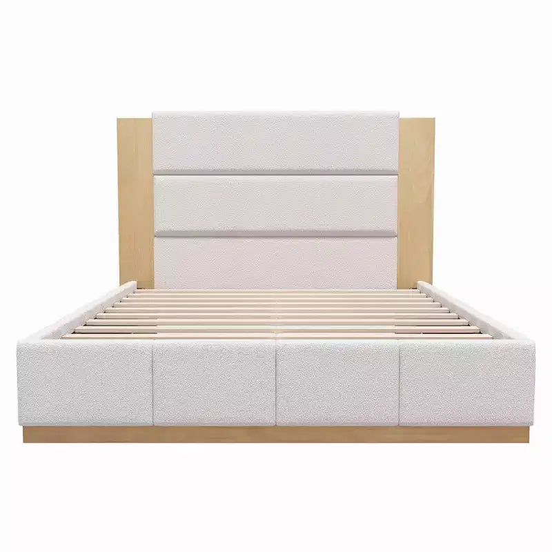 Gray/White Velvet Upholstered Platform Bed Frame with Extended Wood Headboard – Queen/King, Fits 1–2