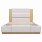 Struttura letto a piattaforma imbottita in velluto grigio/bianco con testiera in legno estesa – Queen/King, Adatto per 1–2 persone