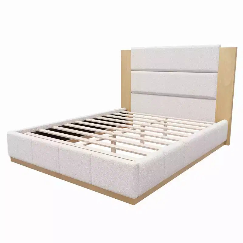 Gray/White Velvet Upholstered Platform Bed Frame with Extended Wood Headboard – Queen/King, Fits 1–2