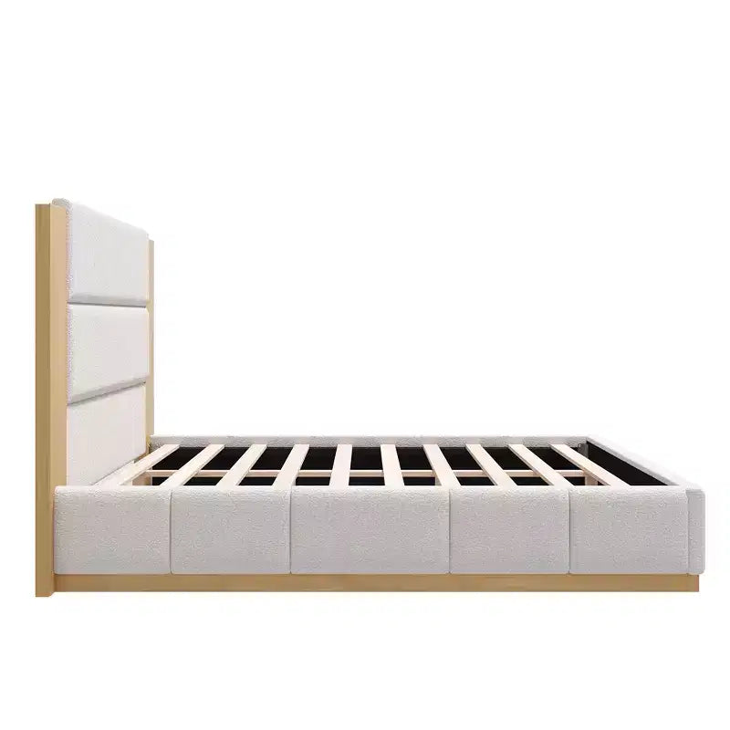 Gray/White Velvet Upholstered Platform Bed Frame with Extended Wood Headboard – Queen/King, Fits 1–2