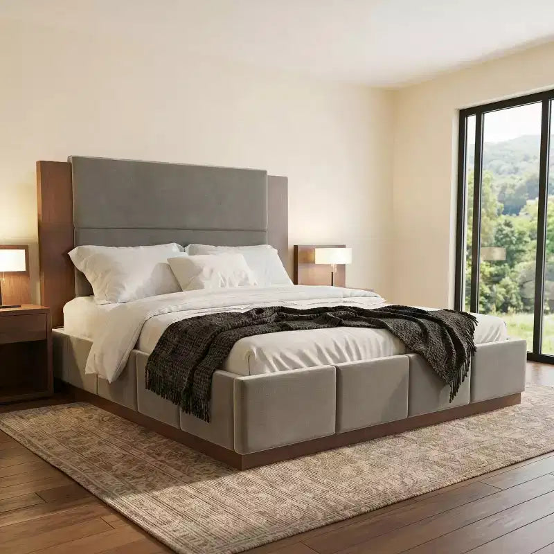 Gray/White Velvet Upholstered Platform Bed Frame with Extended Wood Headboard – Queen/King, Fits 1–2