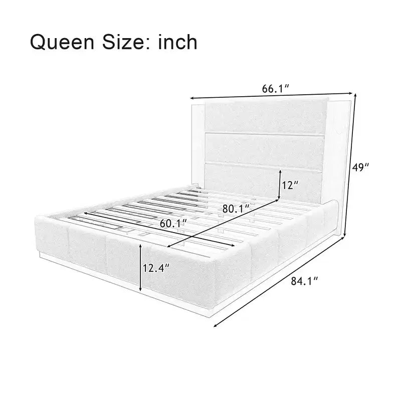 Gray/White Velvet Upholstered Platform Bed Frame with Extended Wood Headboard – Queen/King, Fits 1–2