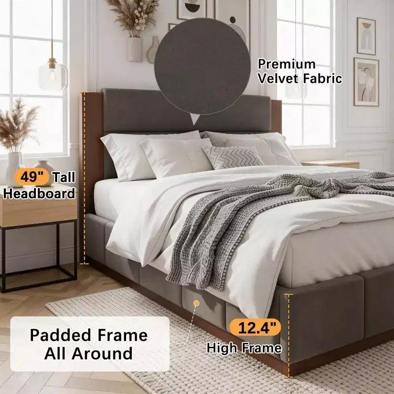 Gray/White Velvet Upholstered Platform Bed Frame with Extended Wood Headboard – Queen/King, Fits 1–2