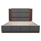 Struttura letto a piattaforma imbottita in velluto grigio/bianco con testiera in legno estesa – Queen/King, Adatto per 1–2 persone