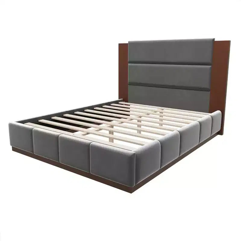 Gray/White Velvet Upholstered Platform Bed Frame with Extended Wood Headboard – Queen/King, Fits 1–2