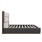 Struttura letto a piattaforma imbottita in velluto grigio/bianco con testiera in legno estesa – Queen/King, Adatto per 1–2 persone