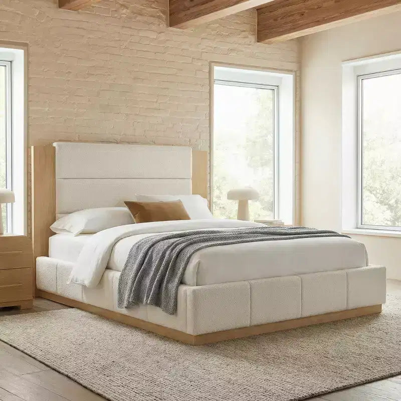 Gray/White Velvet Upholstered Platform Bed Frame with Extended Wood Headboard – Queen/King, Fits 1–2
