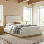 Struttura letto a piattaforma imbottita in velluto grigio/bianco con testiera in legno estesa – Queen/King, Adatto per 1–2 persone