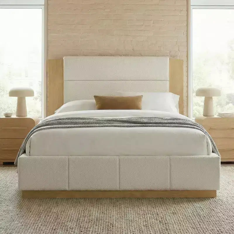 Gray/White Velvet Upholstered Platform Bed Frame with Extended Wood Headboard – Queen/King, Fits 1–2