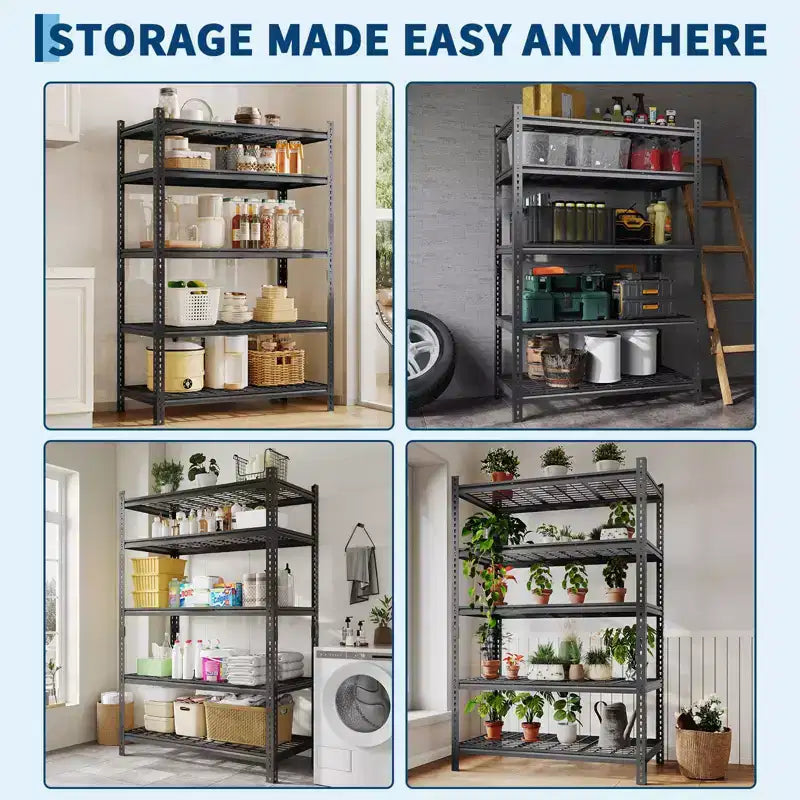 Black 5-Tier Steel Shelving Unit, Adjustable, 1-Person Assembly