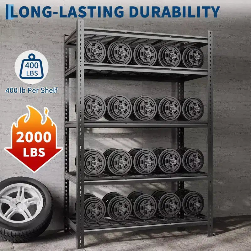 Black 5-Tier Steel Shelving Unit, Adjustable, 1-Person Assembly