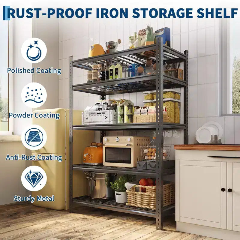 Black 5-Tier Steel Shelving Unit, Adjustable, 1-Person Assembly