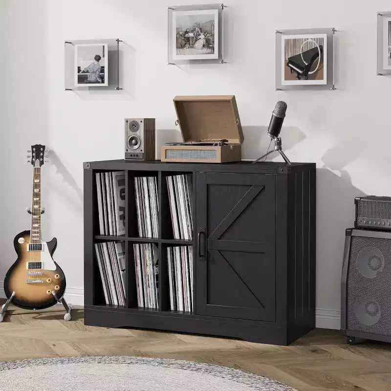 Record Player Stand with Door, Farmhouse Turntable Cabinet with Storage, Vinyl Record Storage Cabinet, Multi-Purpose Wooden Media Console Table