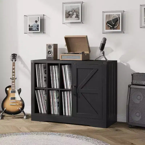 Record Player Stand with Door, Farmhouse Turntable Cabinet with Storage, Vinyl Record Storage Cabinet, Multi-Purpose Wooden Media Console Table