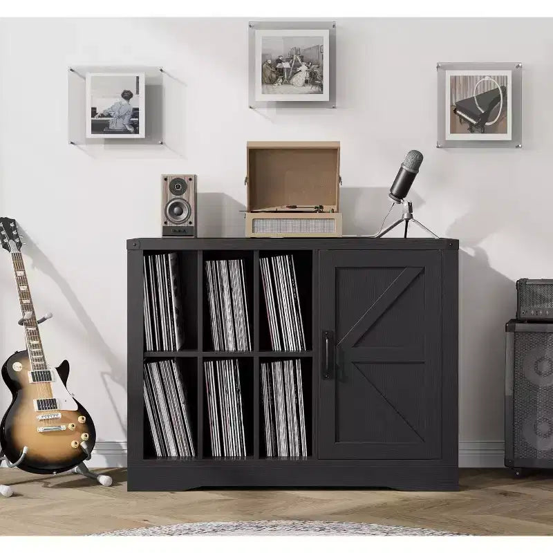 Black Farmhouse Record Player Stand with Barn Door, Single-User Vinyl Storage Cabinet