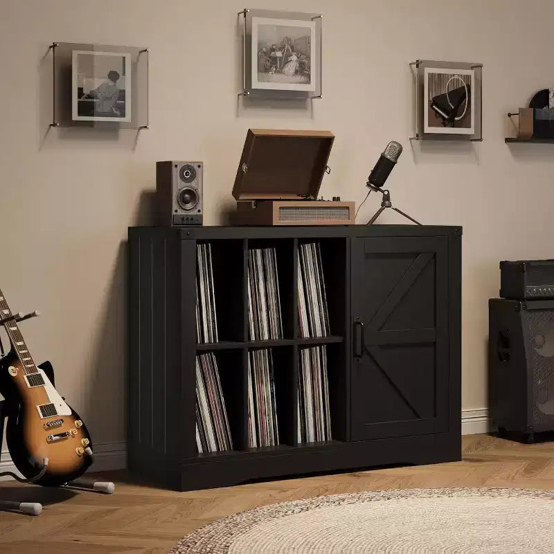 Black Farmhouse Record Player Stand with Barn Door, Single-User Vinyl Storage Cabinet