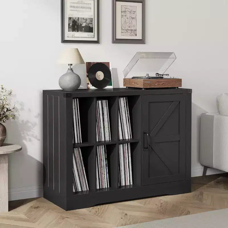 Black Farmhouse Record Player Stand with Barn Door, Single-User Vinyl Storage Cabinet