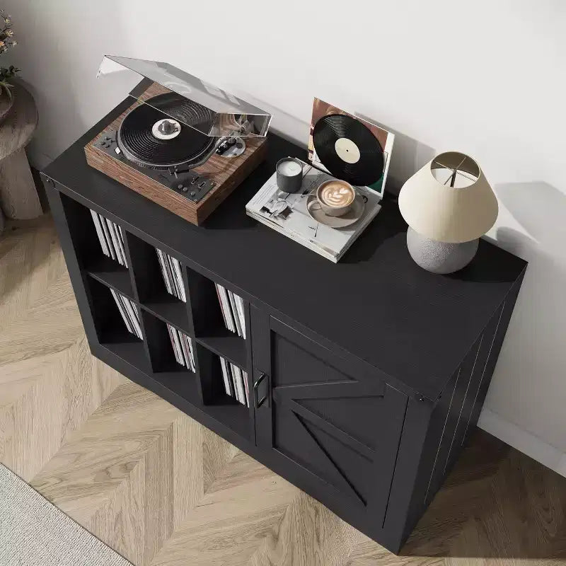 Black Farmhouse Record Player Stand with Barn Door, Single-User Vinyl Storage Cabinet